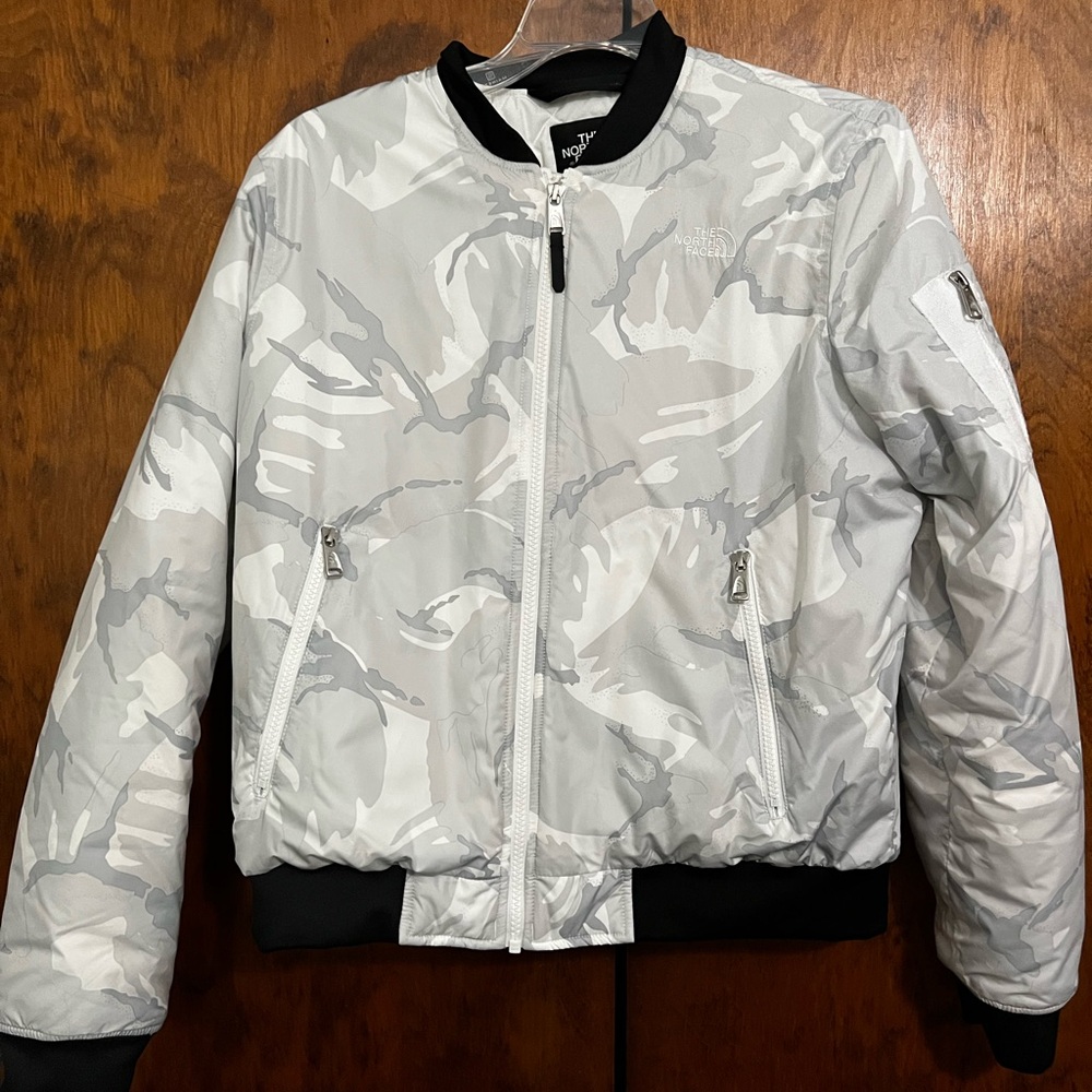 The North Face Gray and White Patterned Bomber Jacket